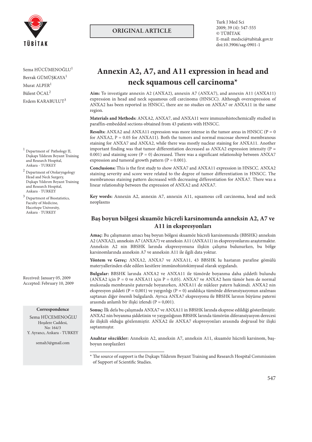 Annexin A2, A7, and A11 Expression in Head and Neck Squamous Cell Carcinoma