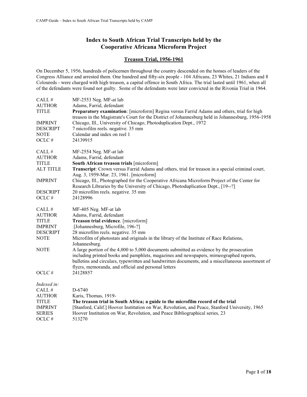 Index to South African Trial Transcripts Held by the Cooperative Africana Microform Project