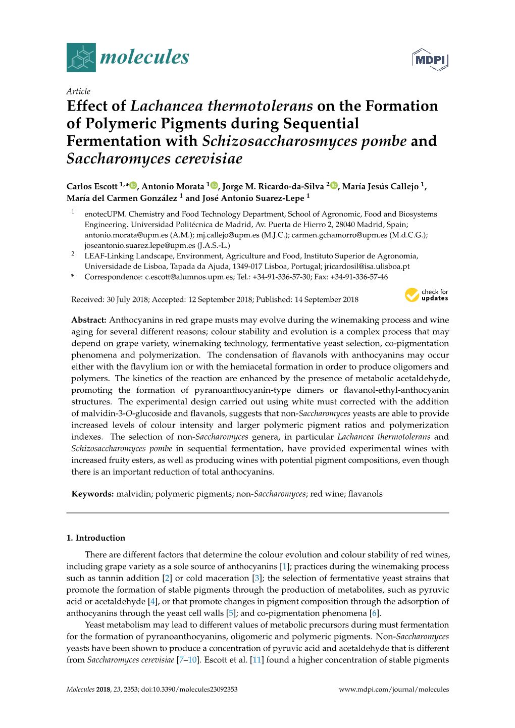 Effect of Lachancea Thermotolerans on the Formation of Polymeric Pigments During Sequential Fermentation with Schizosaccharosmyces Pombe and Saccharomyces Cerevisiae