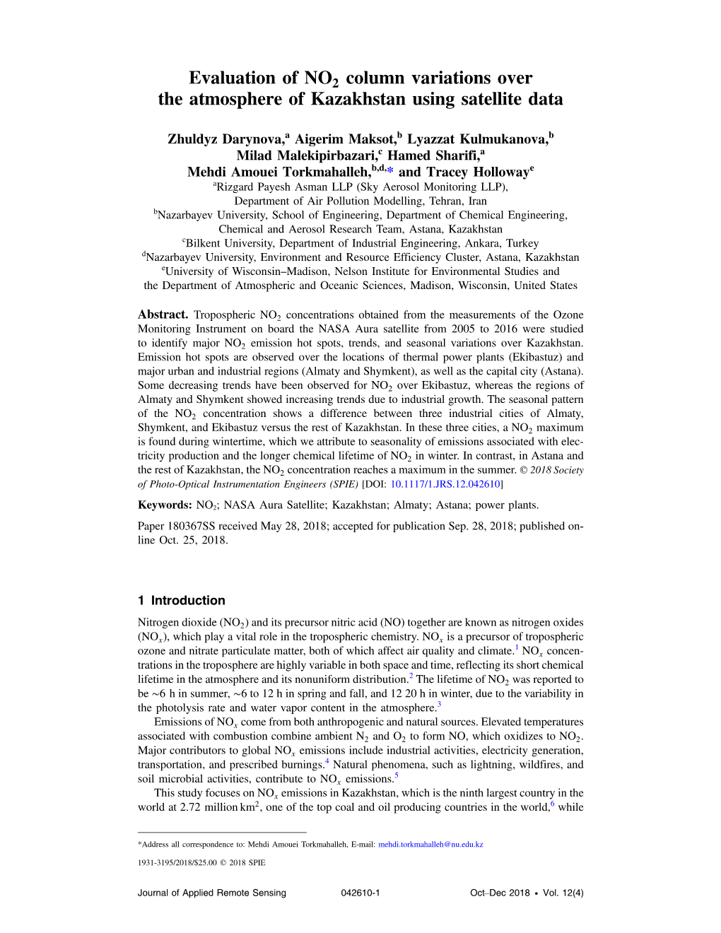 Evaluation of NO2 Column Variations Over the Atmosphere of Kazakhstan Using Satellite Data