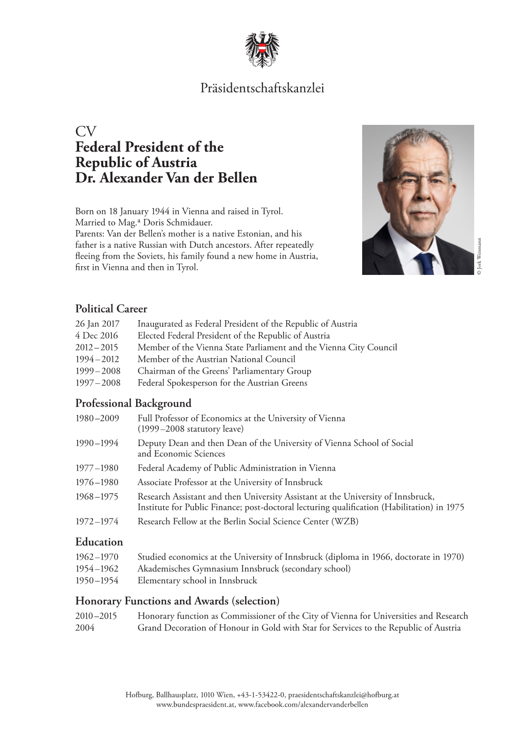 CV Federal President of the Republic of Austria Dr. Alexander Van Der Bellen