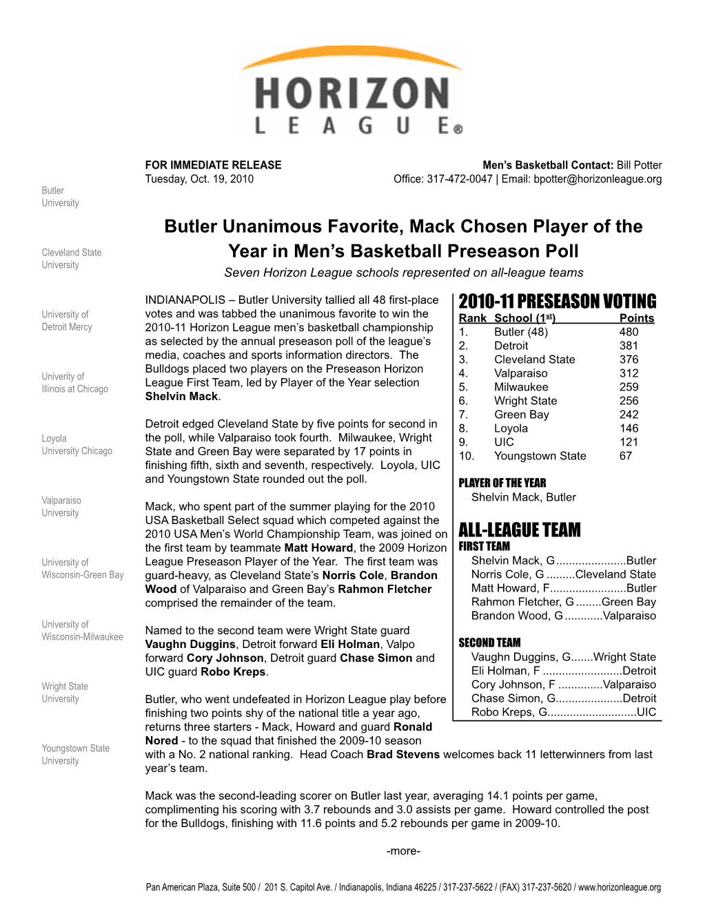 Butler Unanimous Favorite, Mack Chosen Player of the Year in Men's