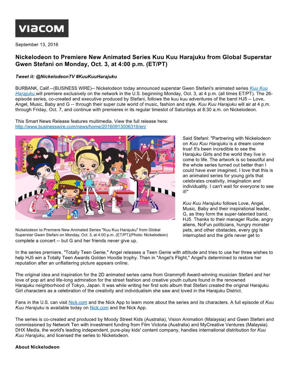 Nickelodeon to Premiere New Animated Series Kuu Kuu Harajuku from Global Superstar Gwen Stefani on Monday, Oct
