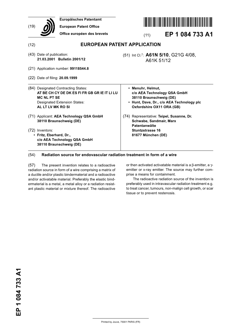 Radiation Source for Endovascular Radiation Treatment in Form of a Wire