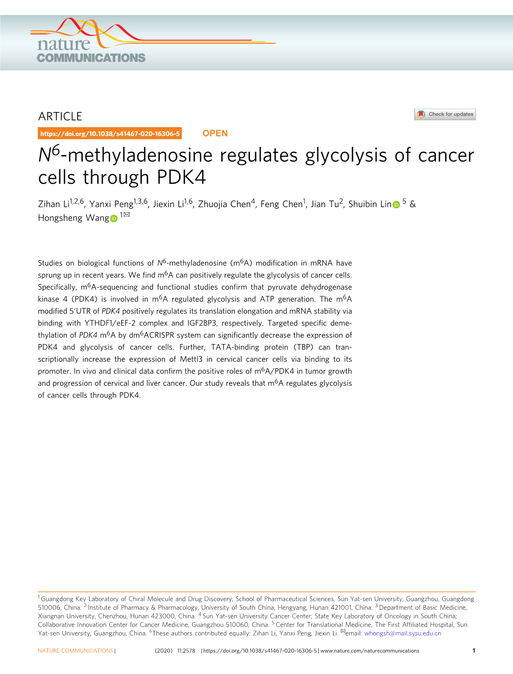 N6-Methyladenosine Regulates Glycolysis of Cancer Cells Through PDK4