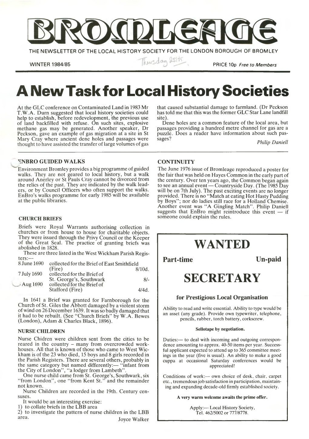 A New Task for Local History Societies WANTED SECRETARY