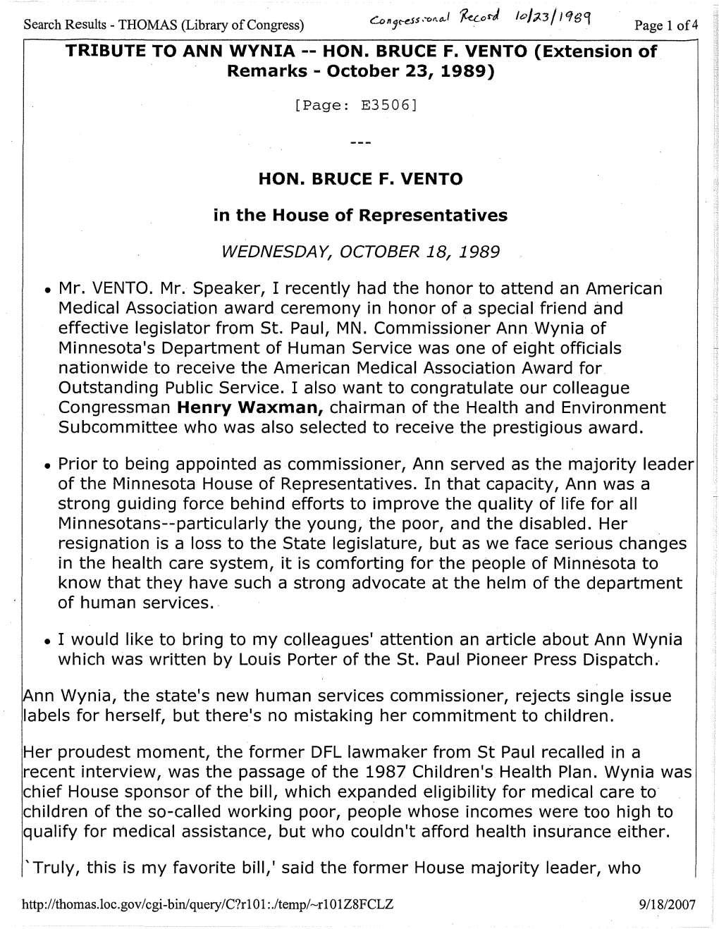 TRIBUTE to ANN WYNIA -- HON. BRUCE F. VENTO (Extension of Remarks - October 23, 1989)