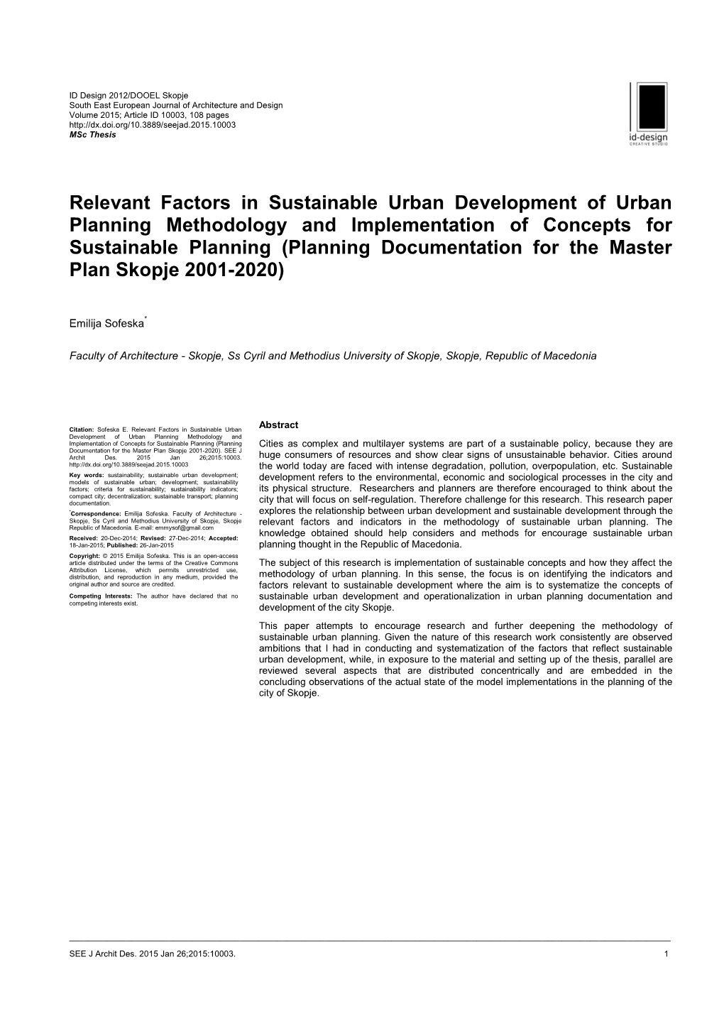 Relevant Factors in Sustainable Urban Development of Urban