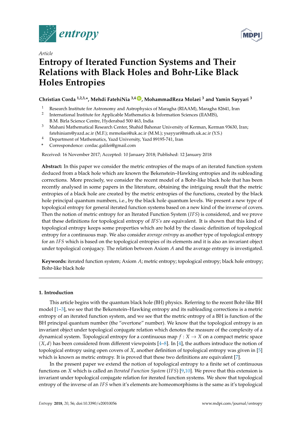 Entropy of Iterated Function Systems and Their Relations with Black Holes and Bohr-Like Black Holes Entropies