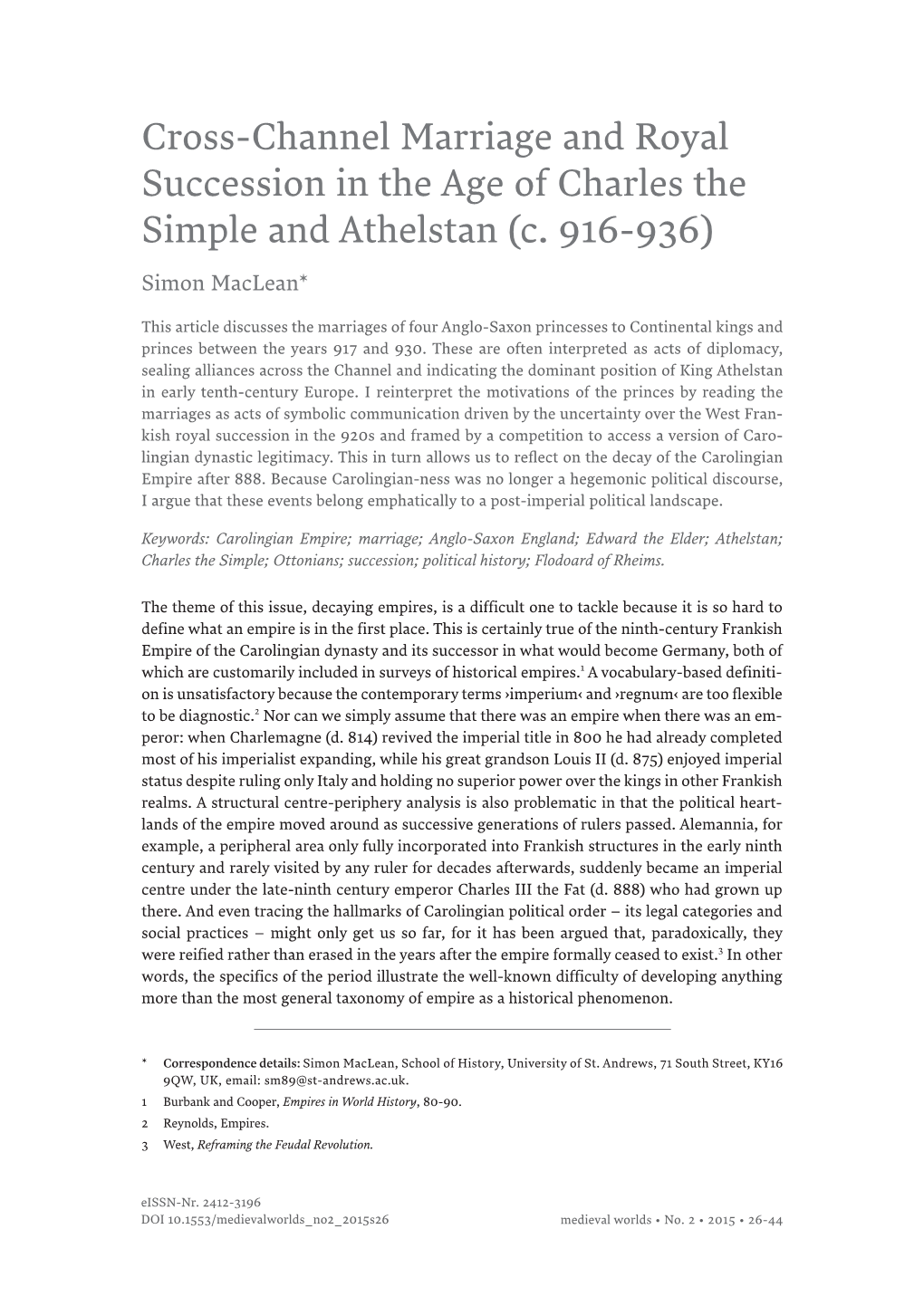 Cross-Channel Marriage and Royal Succession in the Age of Charles the Simple and Athelstan (C
