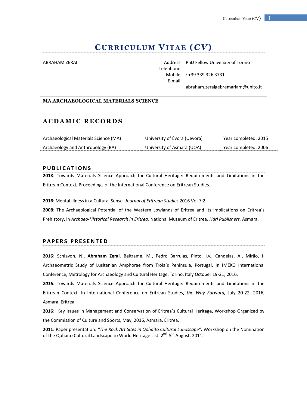 Curriculum Vitae (CV) 1