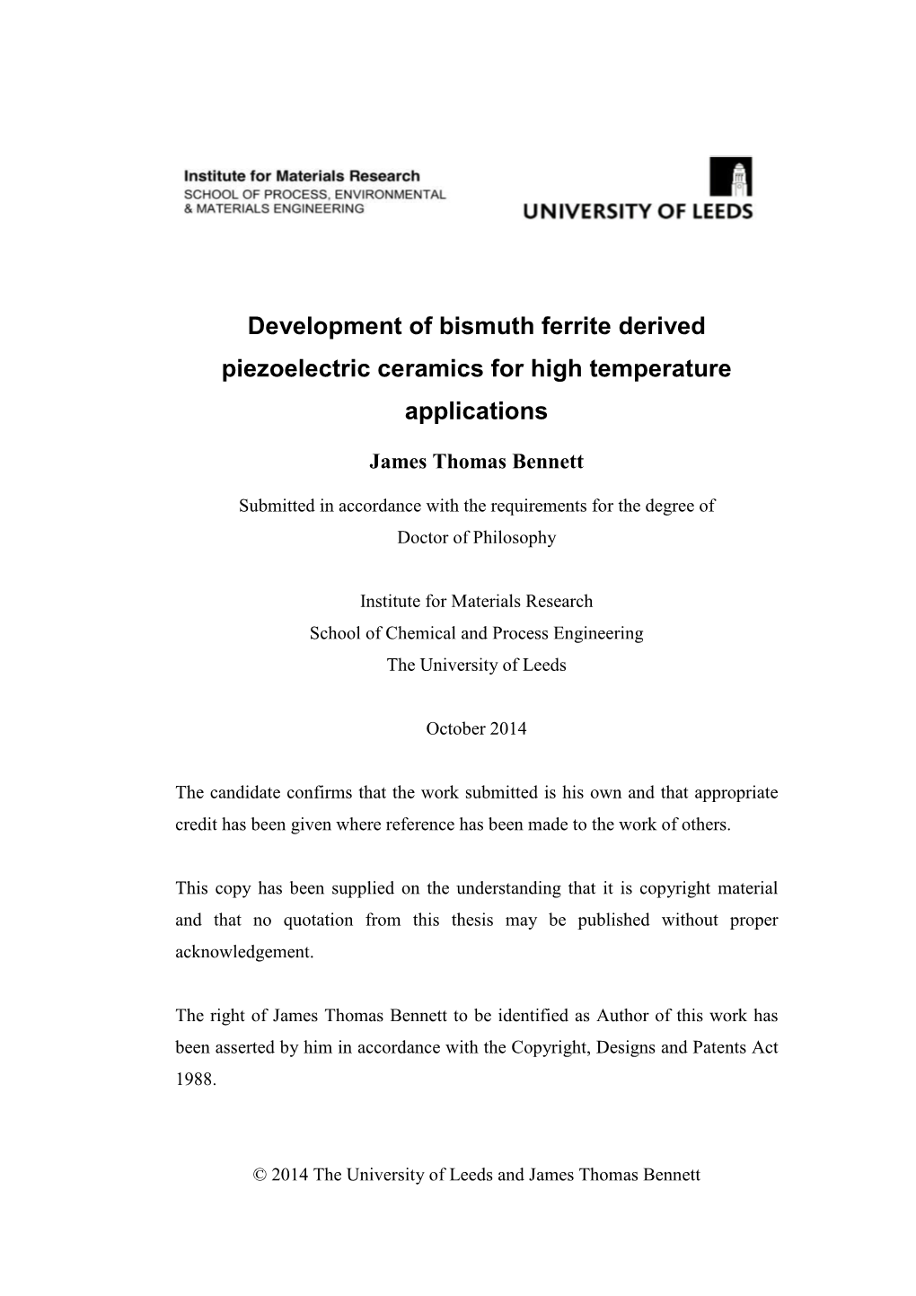 Development of Bismuth Ferrite Derived Piezoelectric Ceramics for High Temperature Applications