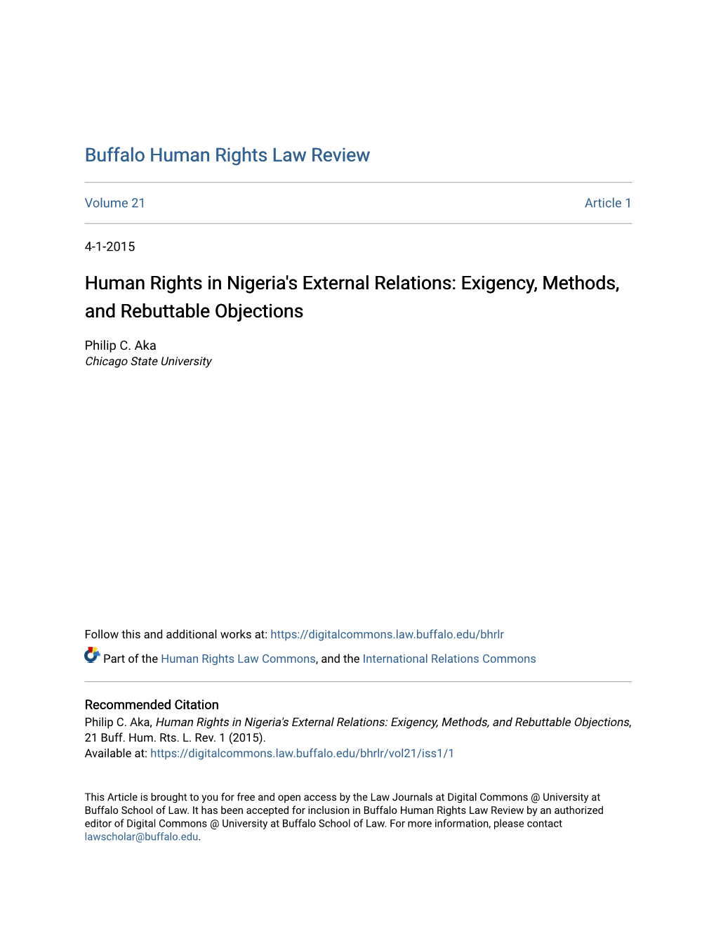 Human Rights in Nigeria's External Relations: Exigency, Methods, and Rebuttable Objections