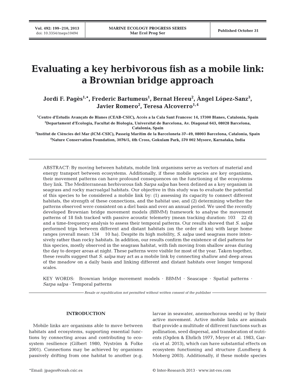 Evaluating a Key Herbivorous Fish As a Mobile Link: a Brownian Bridge Approach