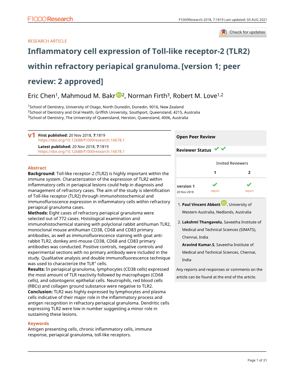 Inflammatory Cell Expression of Toll-Like Receptor-2 (TLR2) Within Refractory Periapical Granuloma