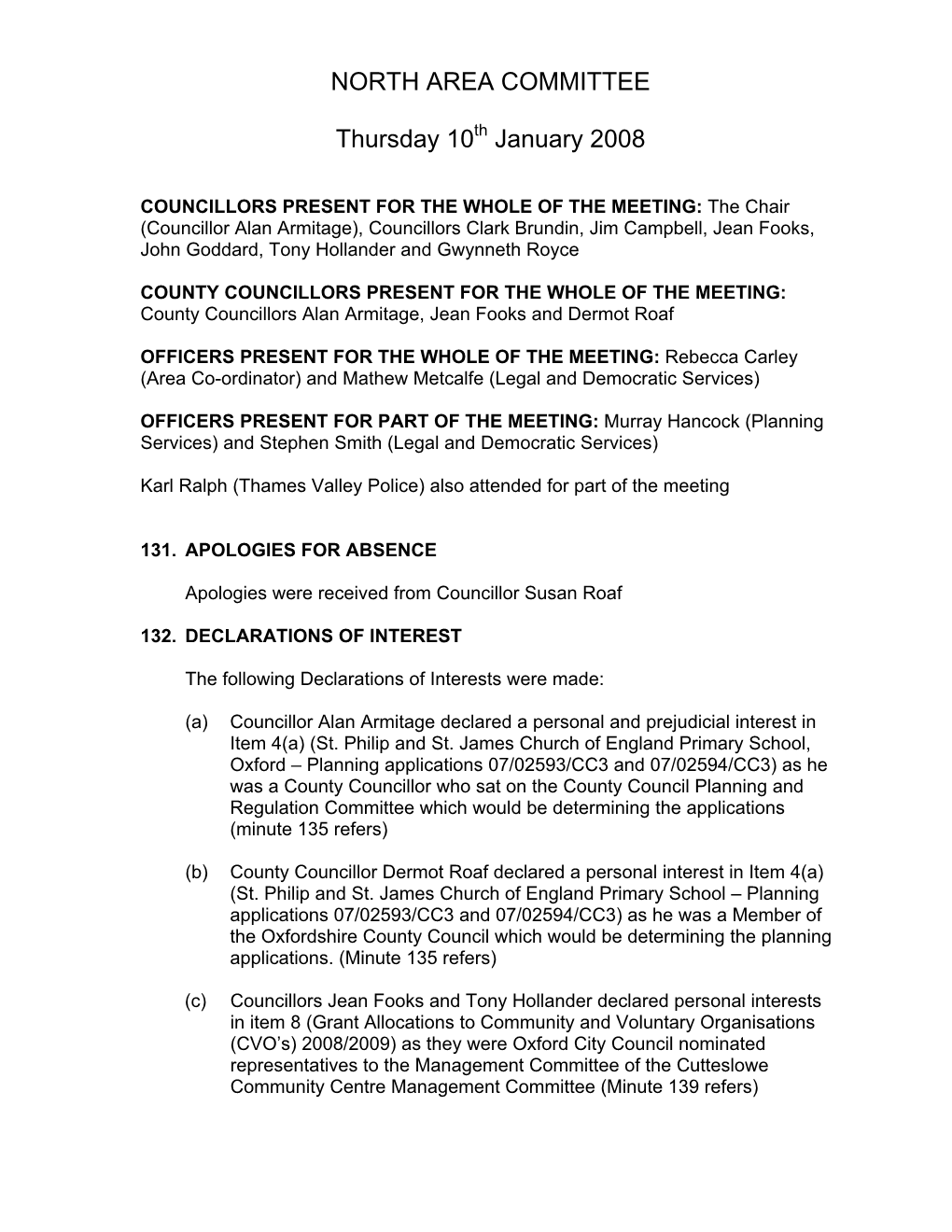 NORTH AREA COMMITTEE Thursday 10 January 2008