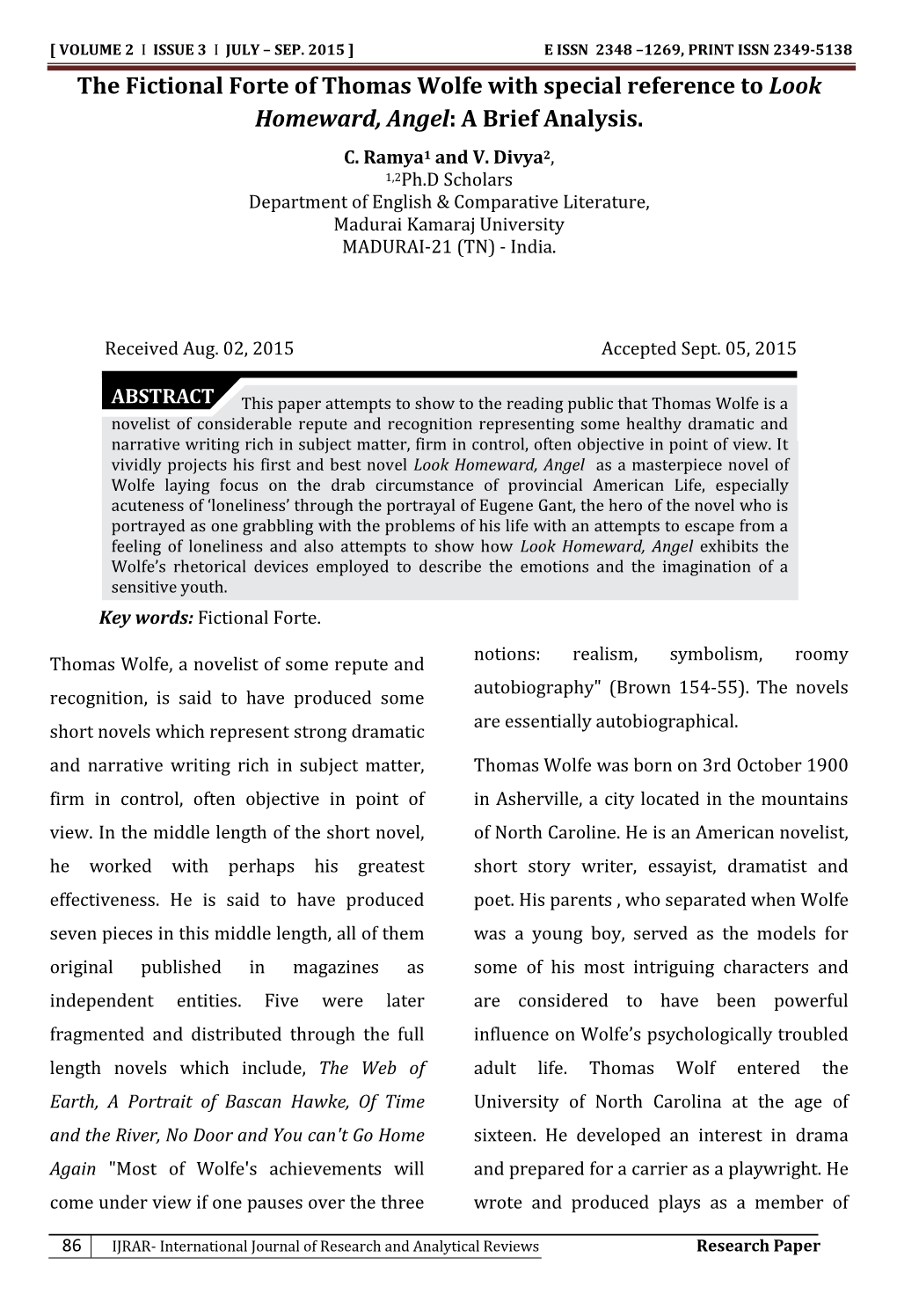 The Fictional Forte of Thomas Wolfe with Special Reference to Look Homeward, Angel: a Brief Analysis