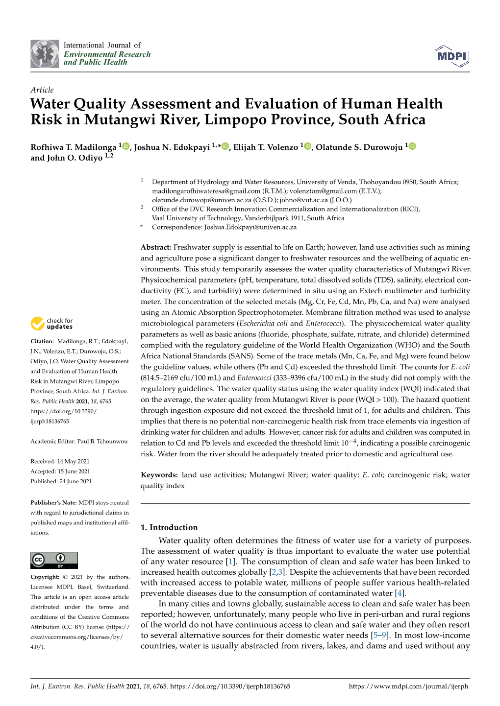 Water Quality Assessment and Evaluation of Human Health Risk in Mutangwi River, Limpopo Province, South Africa