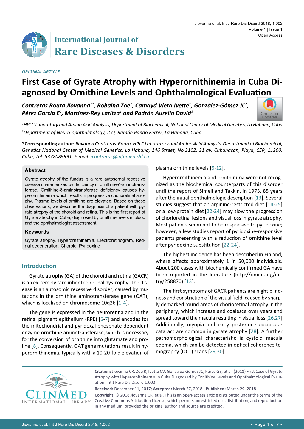 First Case of Gyrate Atrophy with Hyperornithinemia in Cuba