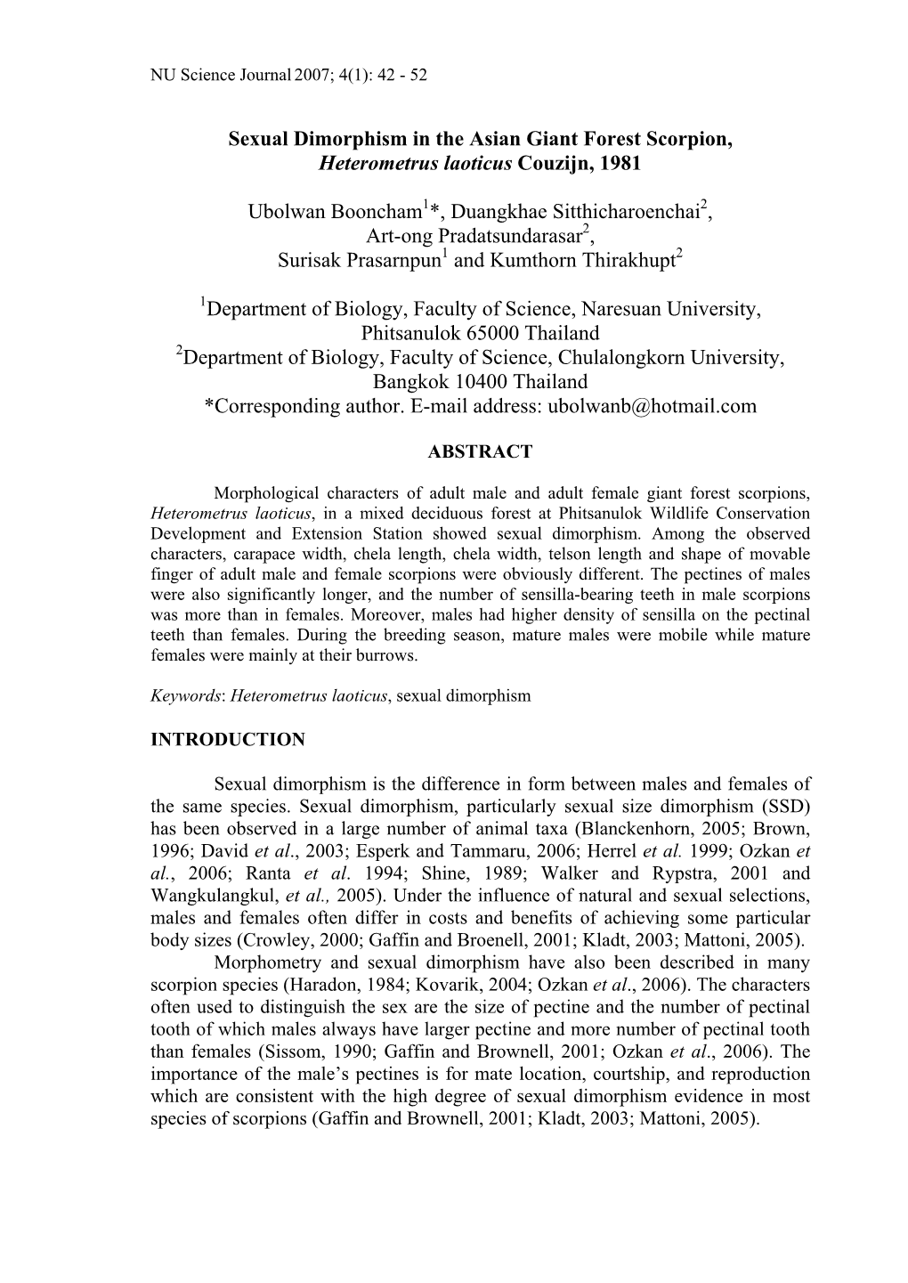 Sexual Dimorphism in the Asian Giant Forest Scorpion, Heterometrus Laoticus Couzijn, 1981