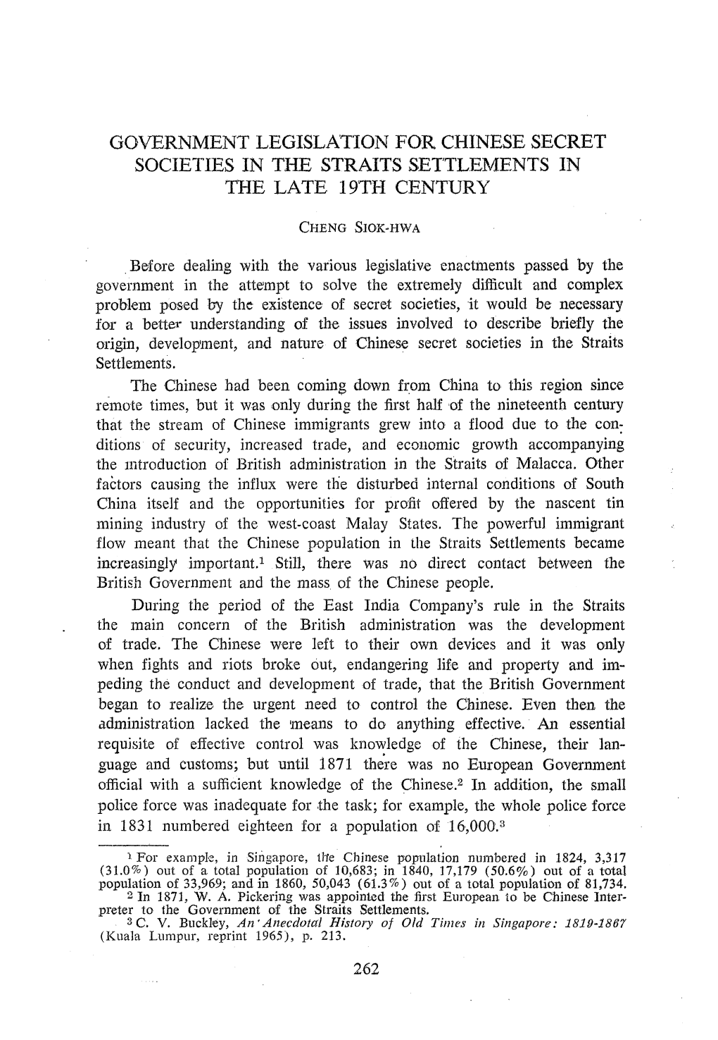 Government Legislation for Chinese Secret Societies in the Straits Settlements in the Late 19Th Century