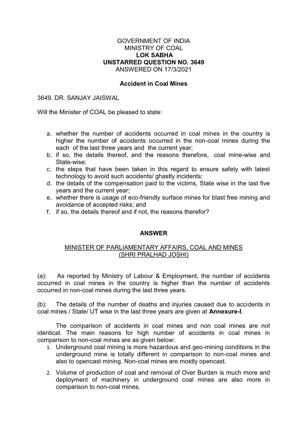 Government of India Ministry of Coal Lok Sabha Unstarred Question No