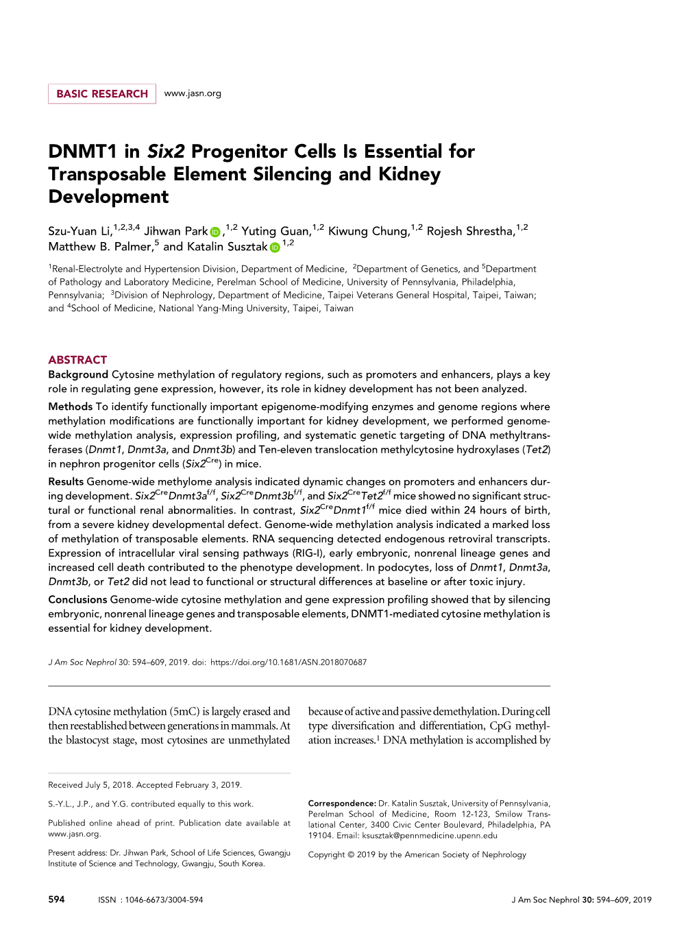 DNMT1 in Six2 Progenitor Cells Is Essential for Transposable Element Silencing and Kidney Development