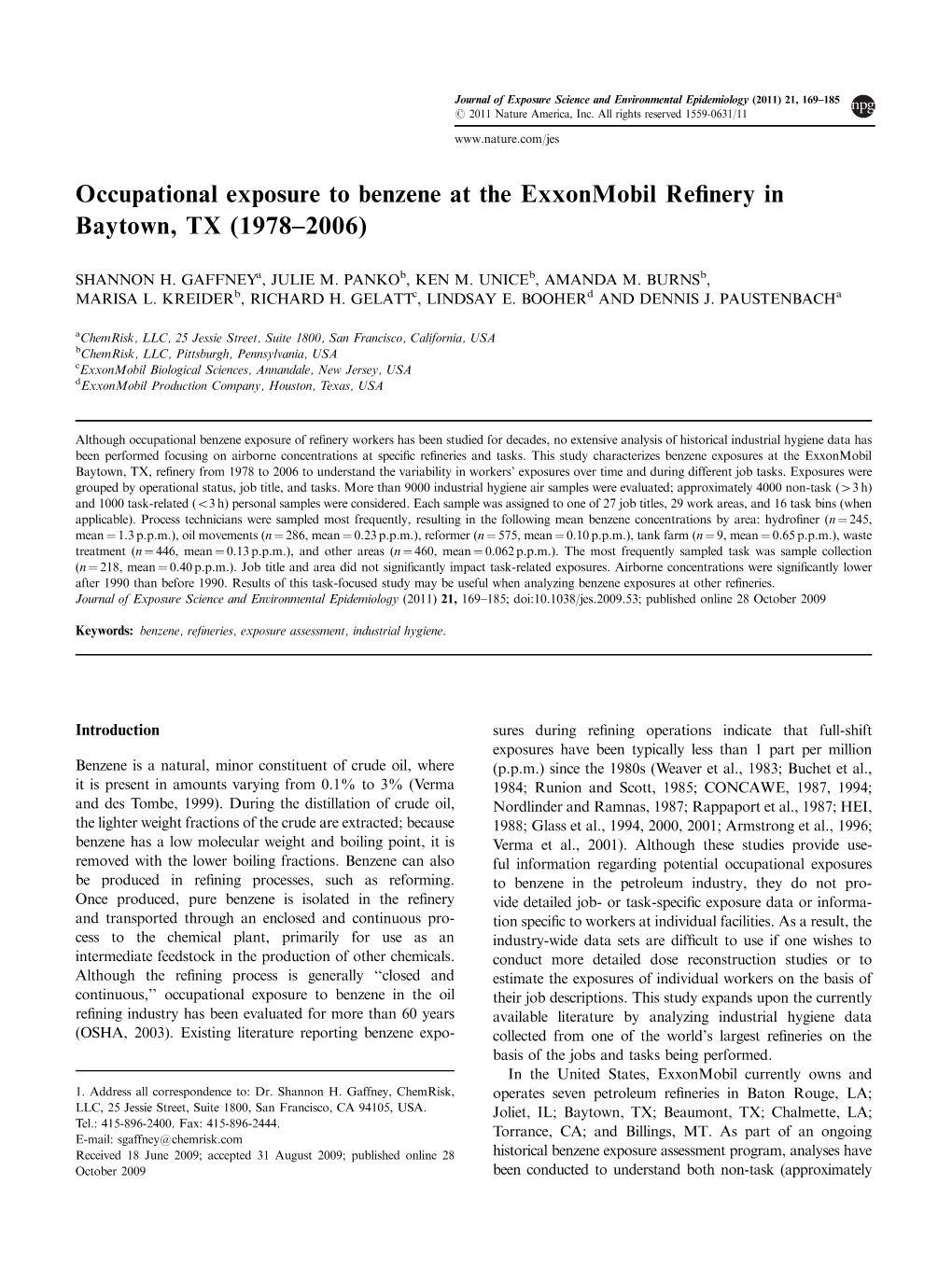 Occupational Exposure to Benzene at the Exxonmobil Refinery In