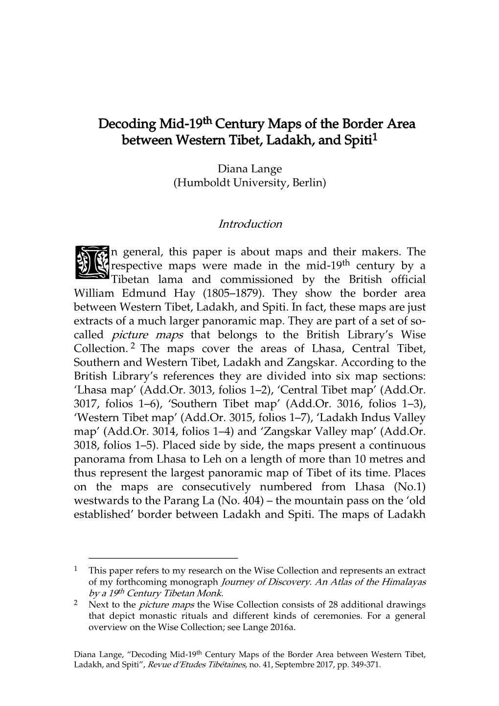 Decoding Mid-19Th Century Maps of the Border Area Between Western Tibet, Ladakh, and Spiti1