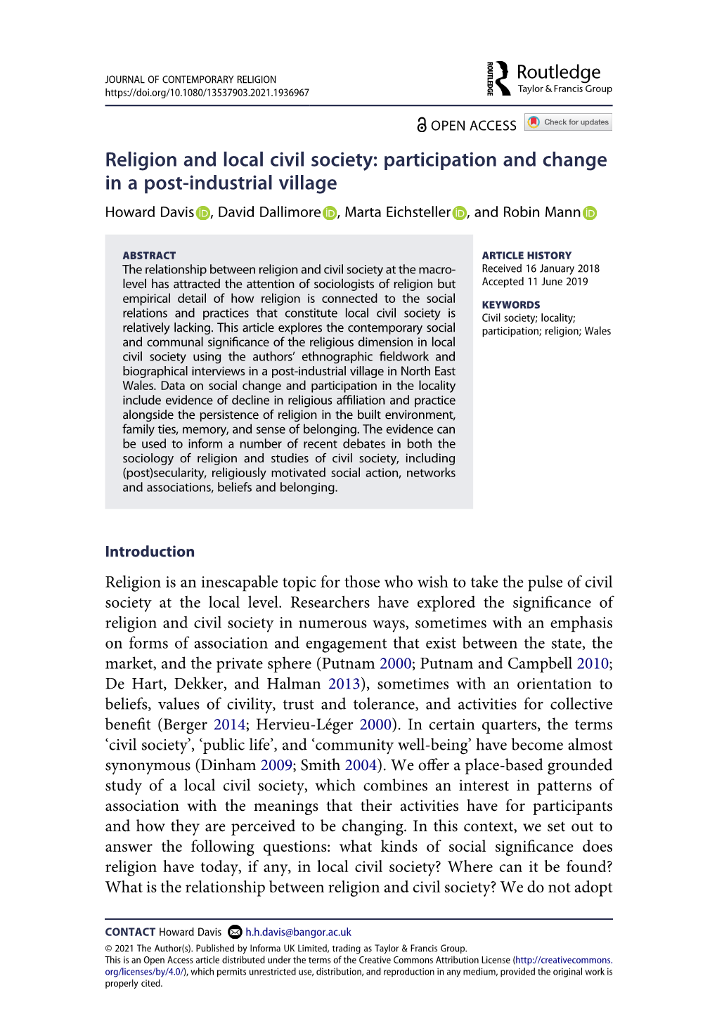 Religion and Local Civil Society: Participation and Change in a Post-Industrial Village Howard Davis , David Dallimore , Marta Eichsteller , and Robin Mann