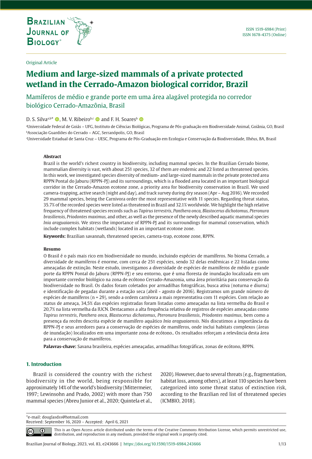 Medium and Large-Sized Mammals of a Private Protected Wetland in The