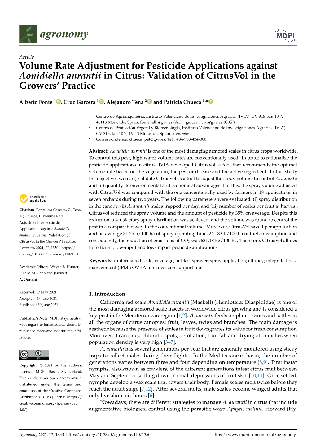 Volume Rate Adjustment for Pesticide Applications Against Aonidiella Aurantii in Citrus: Validation of Citrusvol in the Growers’ Practice