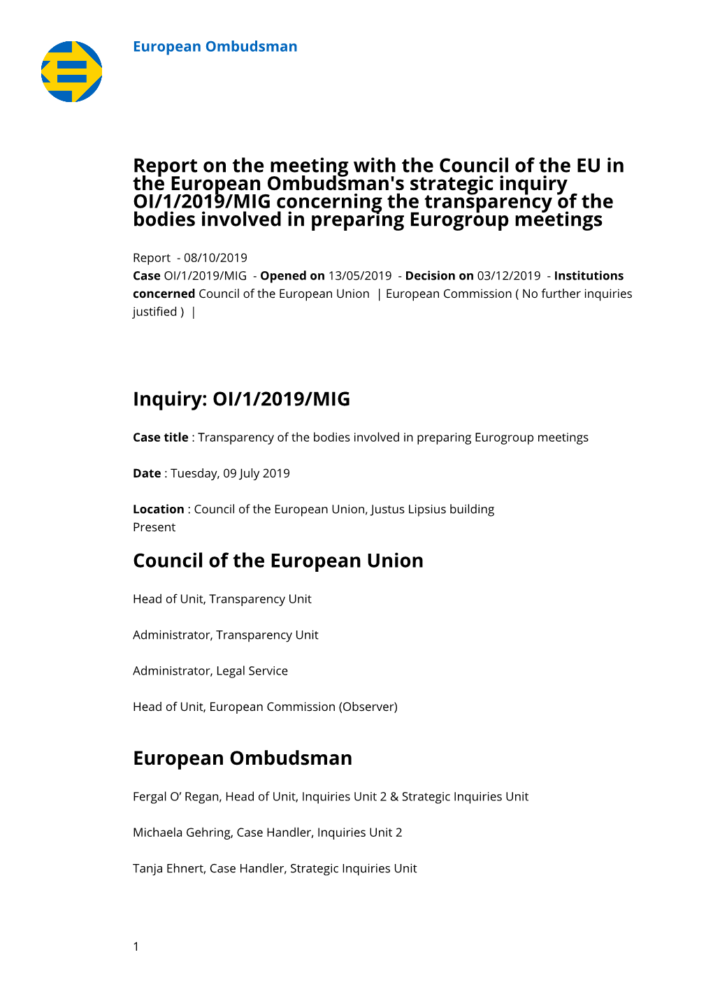 Report on the Meeting with the Council of the EU in the European Ombudsman's Strategic Inquiry OI/1/2019/MIG Concerning the Tran