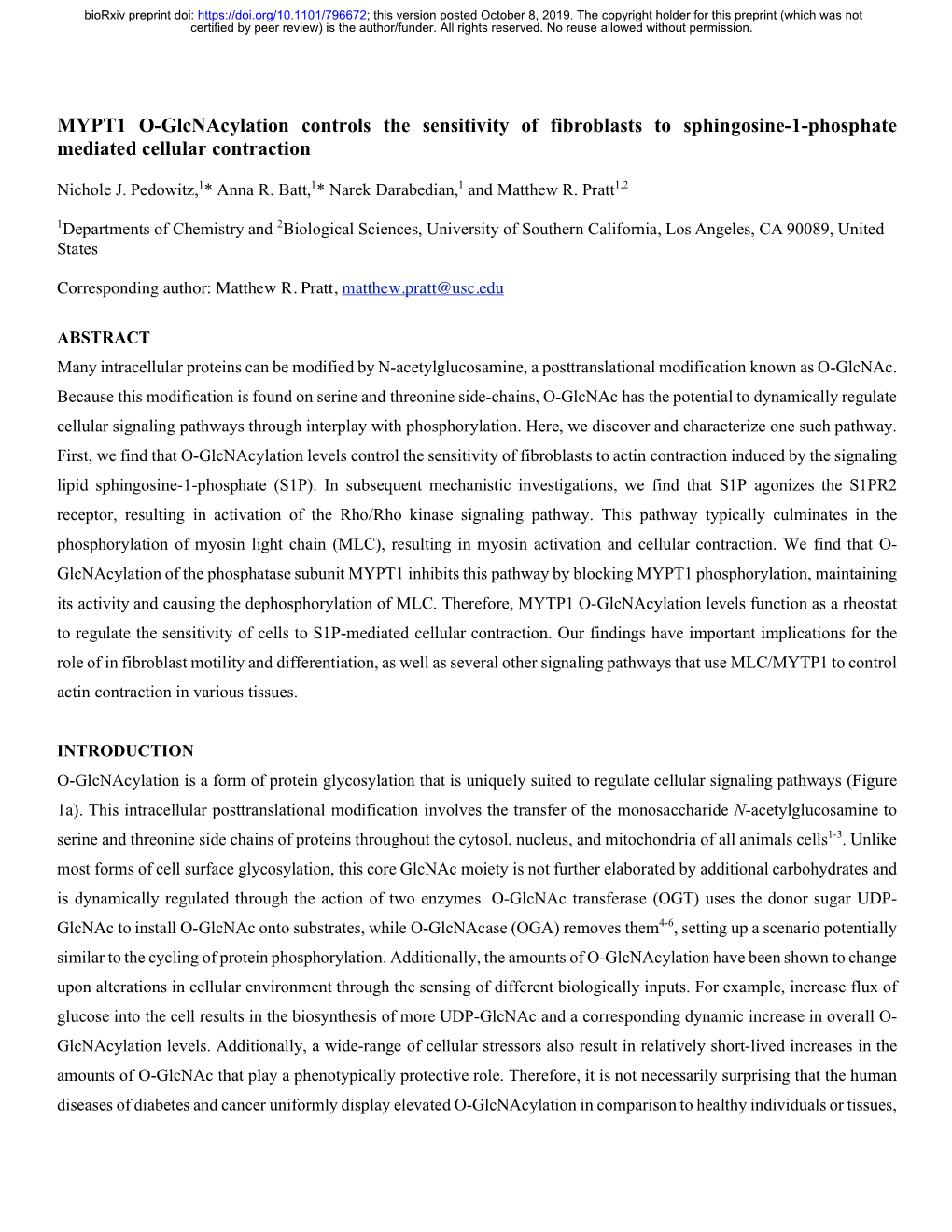 MYPT1 O-Glcnacylation Controls the Sensitivity of Fibroblasts to Sphingosine-1-Phosphate Mediated Cellular Contraction