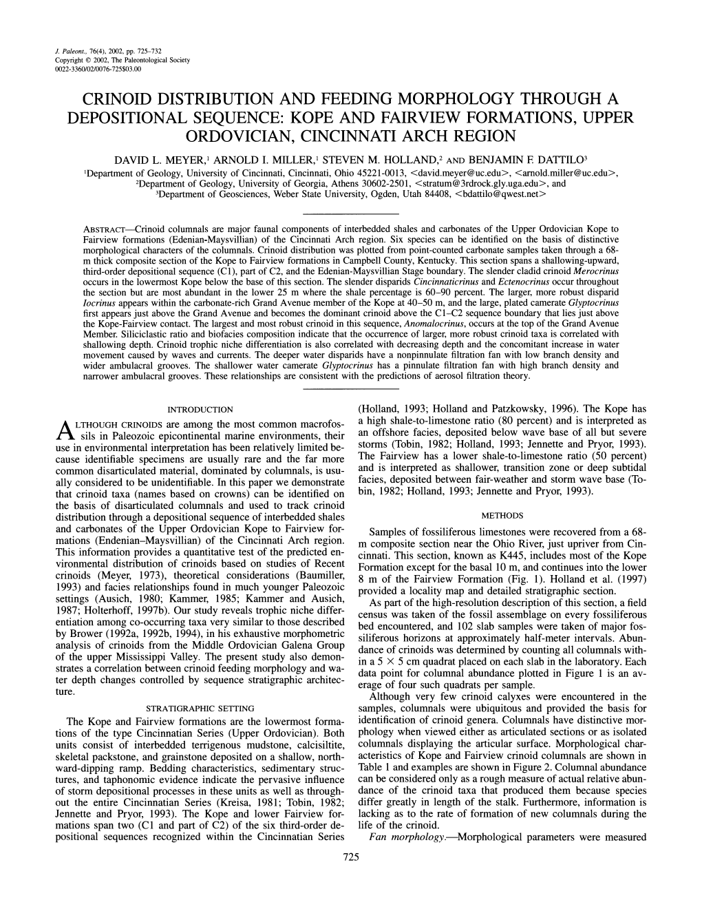 Crinoid Distribution and Feeding Morphology Through a Depositional Sequence: Kope and Fairview Formations, Upper Ordovician, Cincinnati Arch Region David L