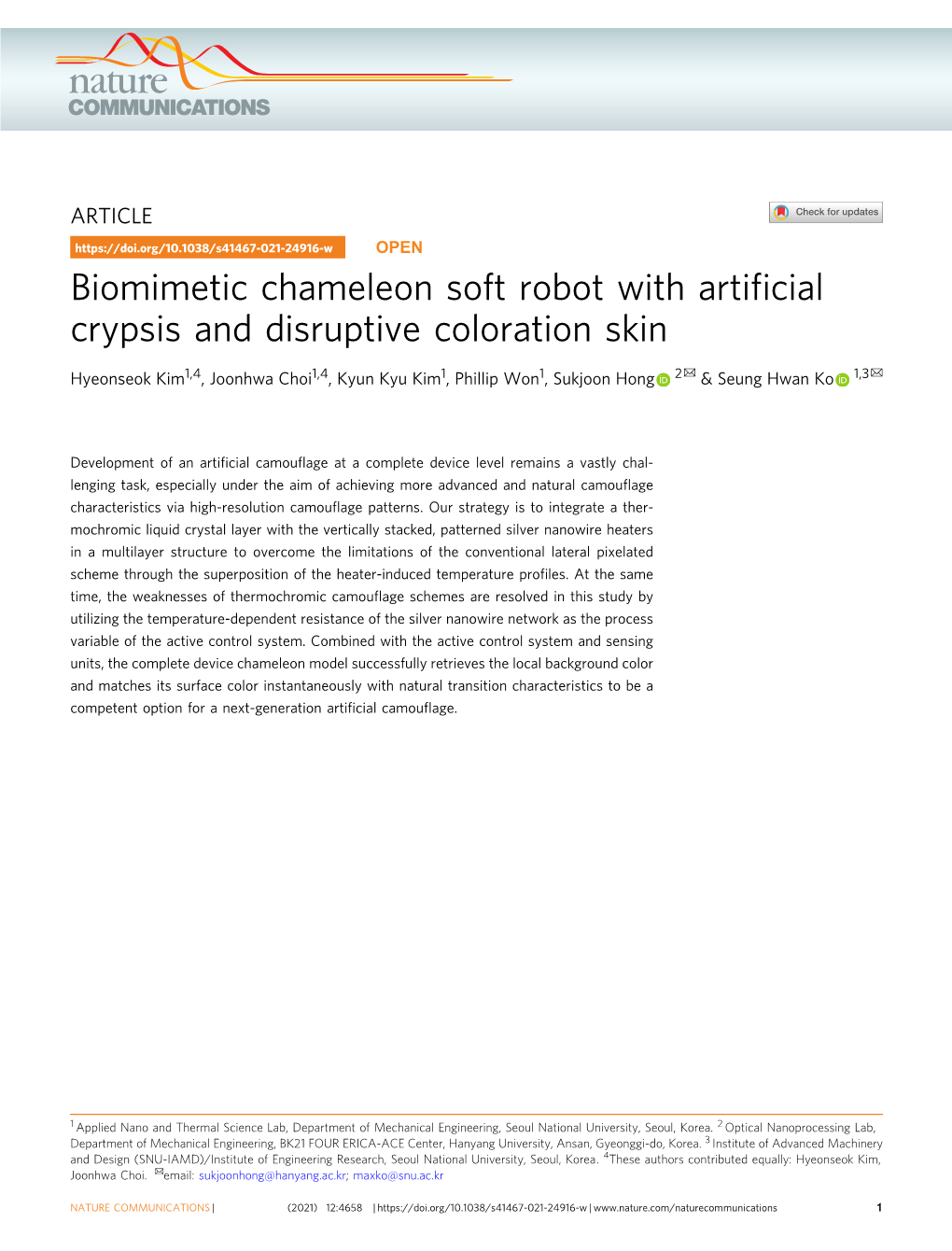 Biomimetic Chameleon Soft Robot with Artificial Crypsis and Disruptive