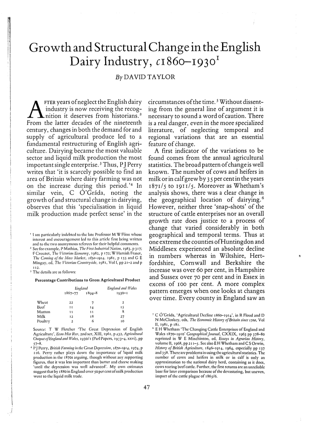 Growth and Structural Change in the English Dairy Industry, C1860-1930