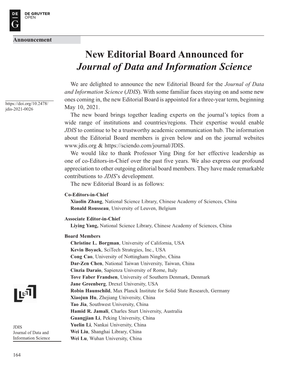 New Editorial Board Announced for Journal of Data and Information Science