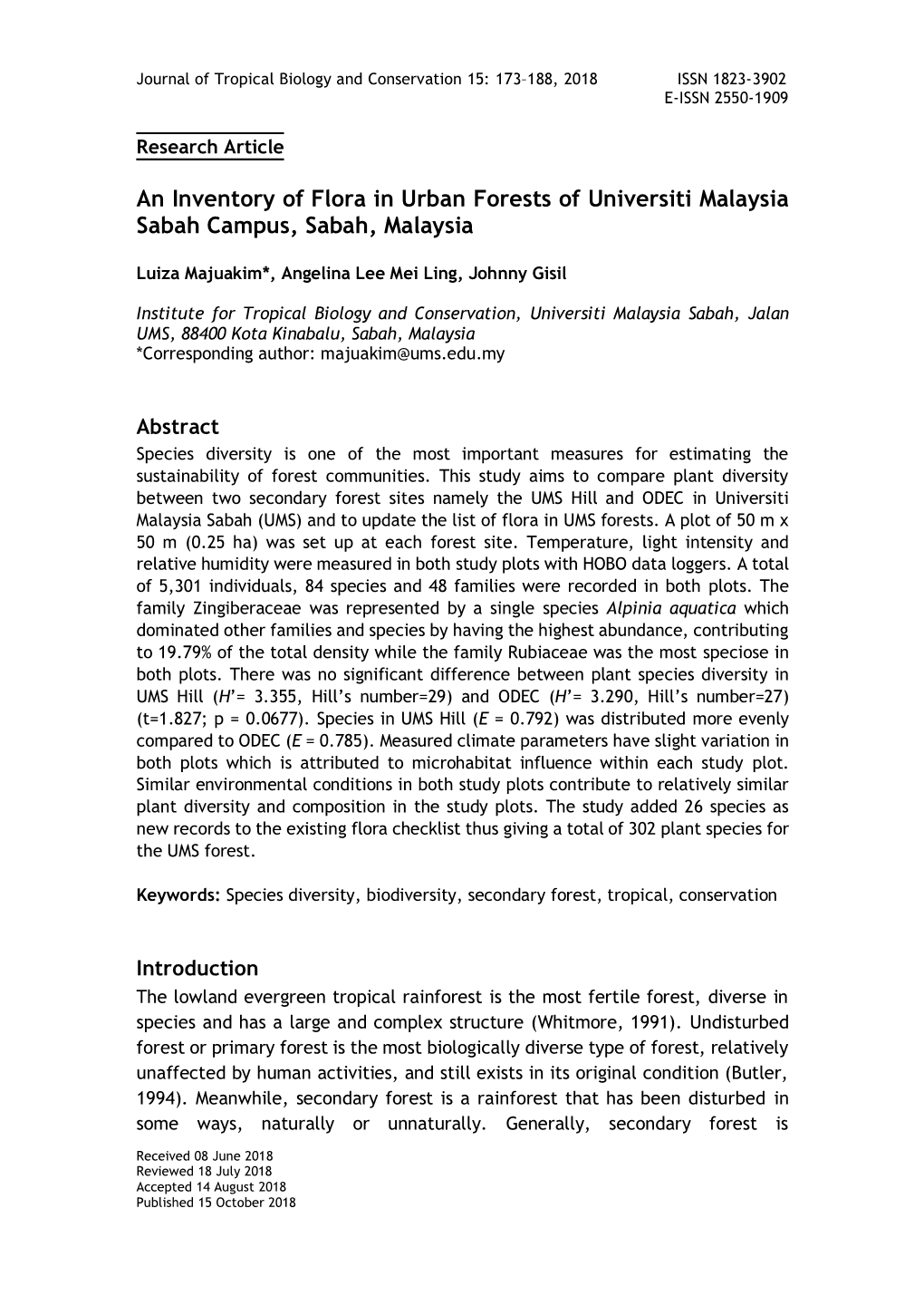 An Inventory of Flora in Urban Forests of Universiti Malaysia Sabah Campus, Sabah, Malaysia