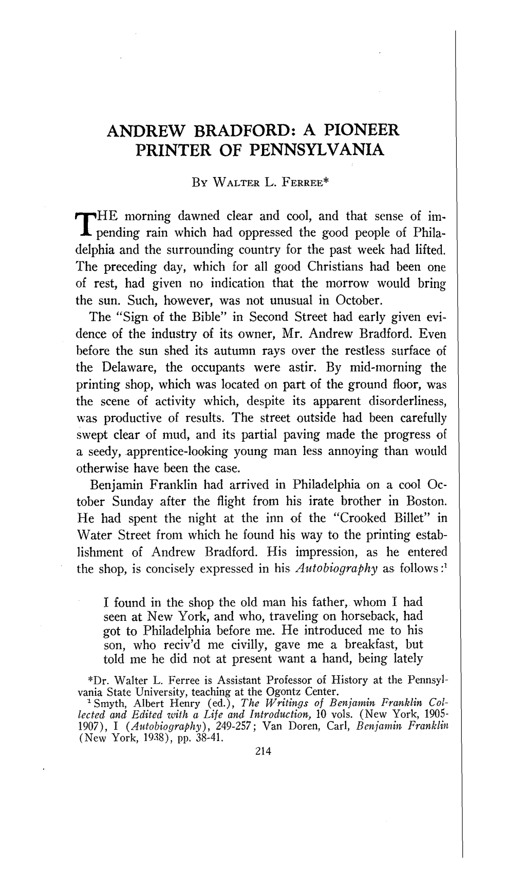 Andrew Bradford: a Pioneer Printer of Pennsylvania