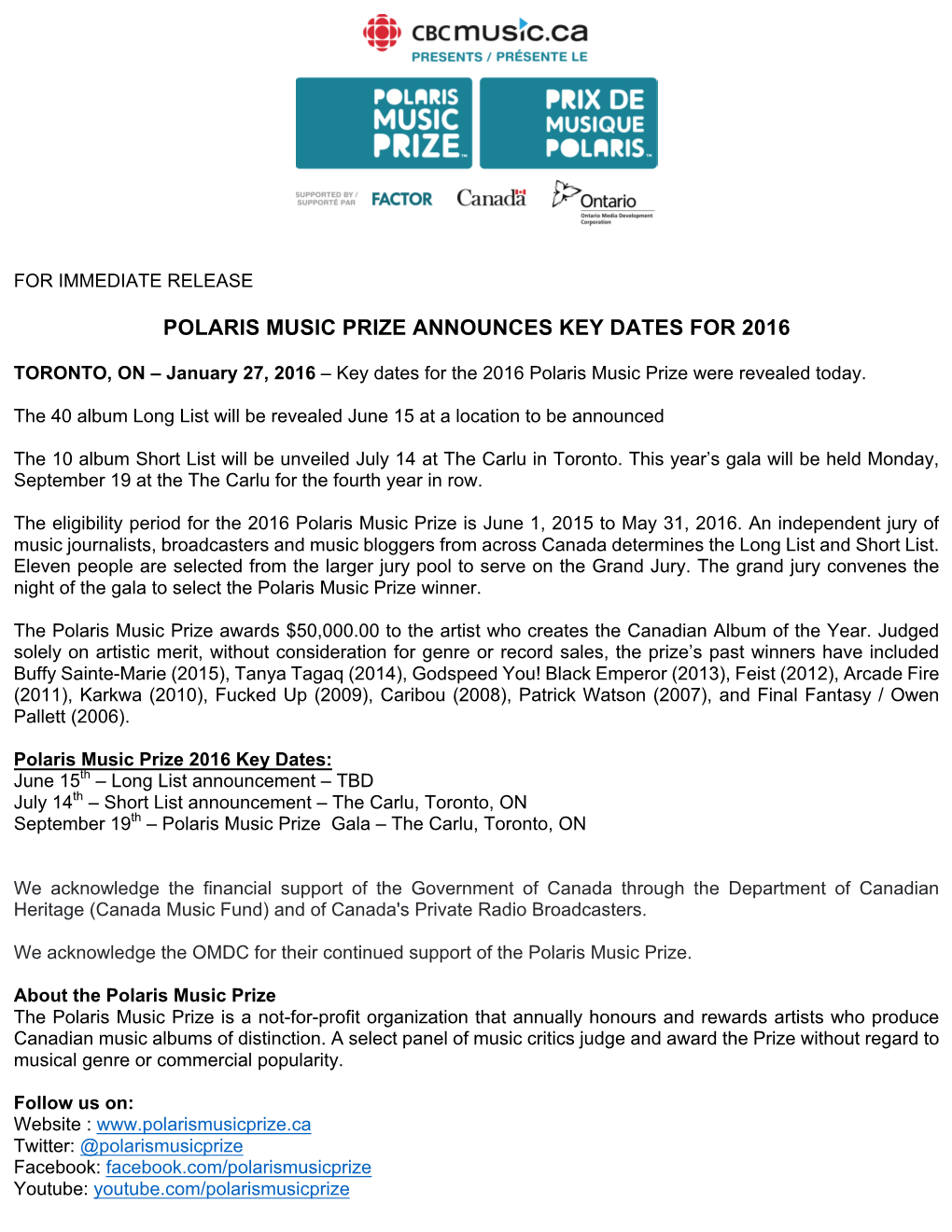 Polaris Music Prize Announces Key Dates for 2016