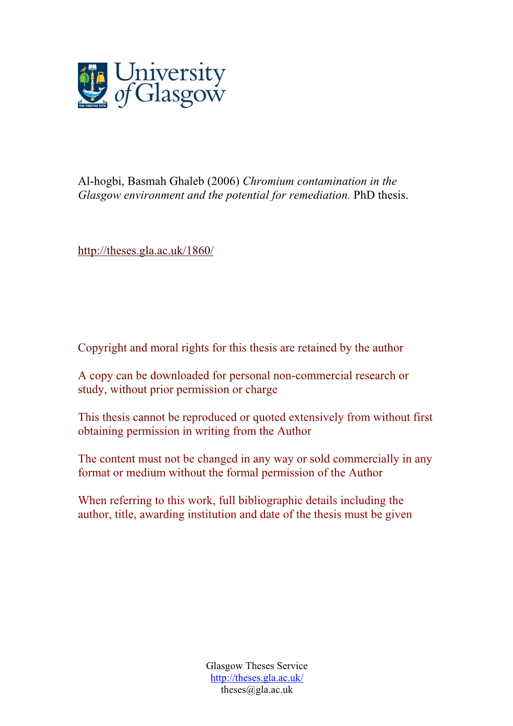 Al-Hogbi, Basmah Ghaleb (2006) Chromium Contamination in the Glasgow Environment and the Potential for Remediation