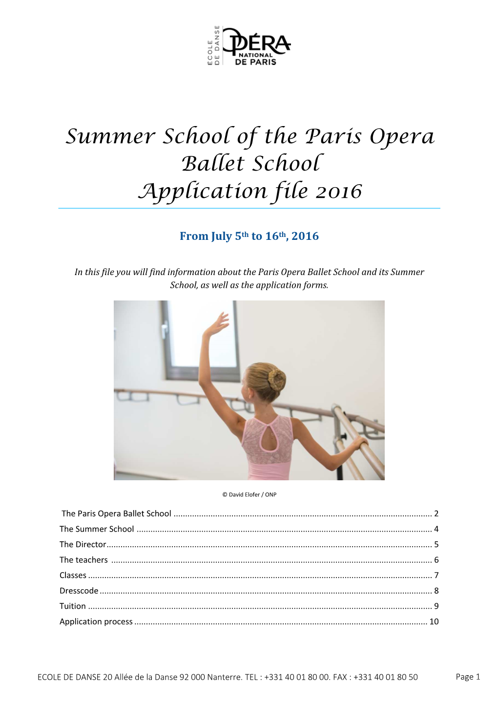 Summer School of the Paris Opera Ballet School Application File 2016