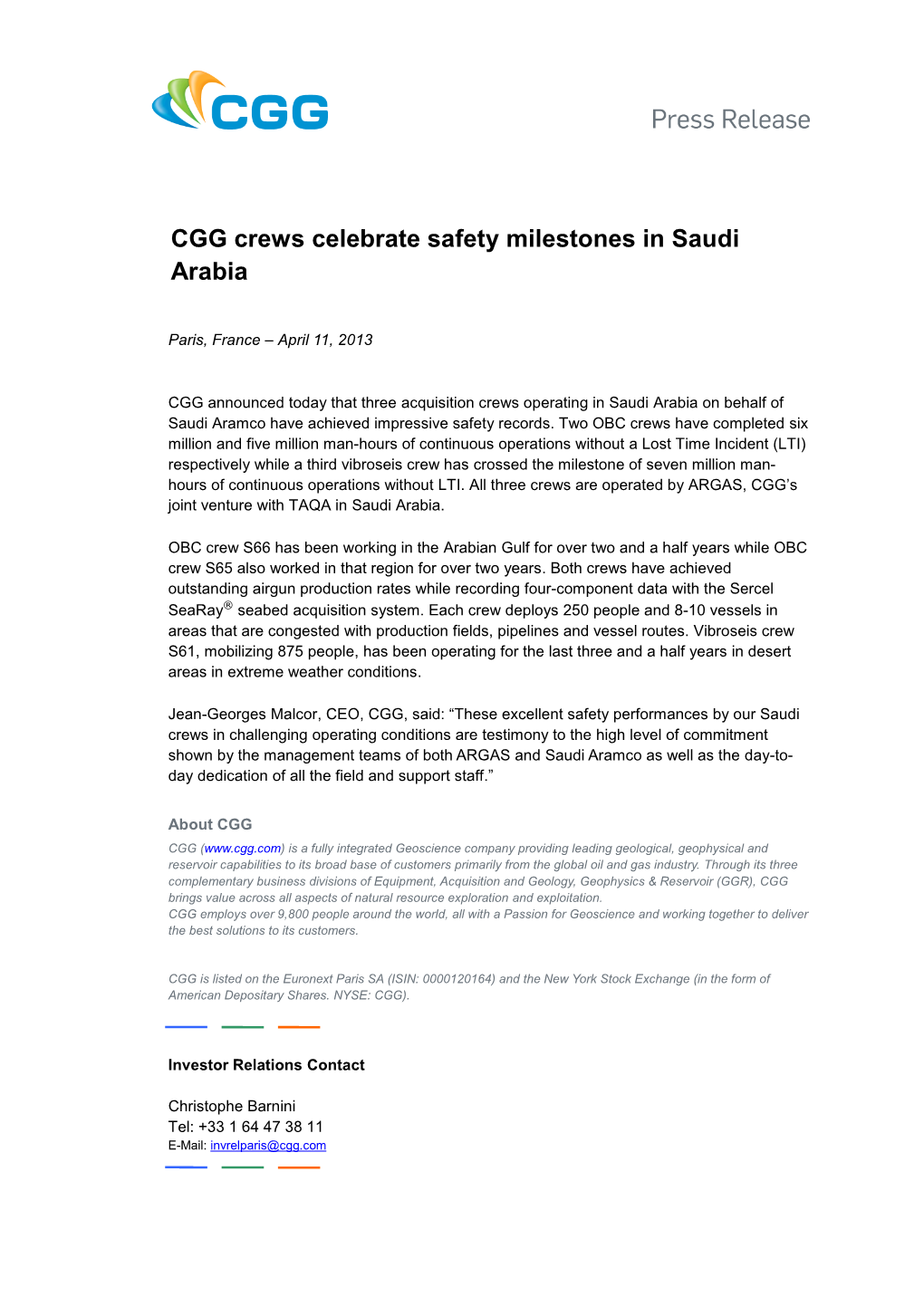 CGG Crews Celebrate Safety Milestones in Saudi Arabia