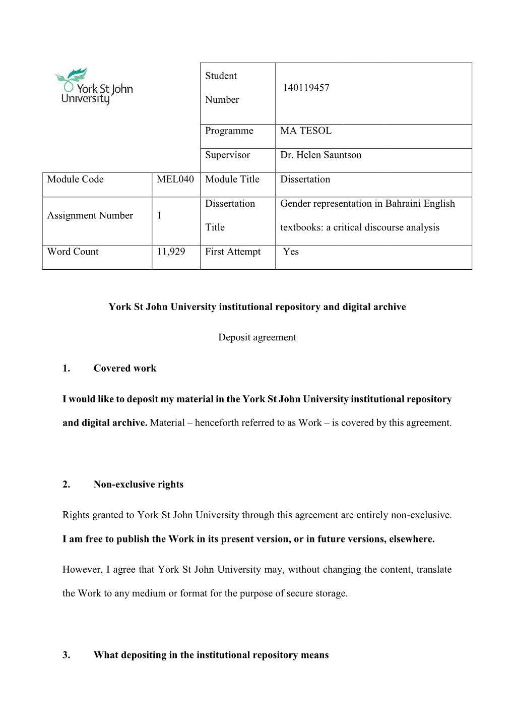 Student Number 140119457 Programme MA TESOL Supervisor