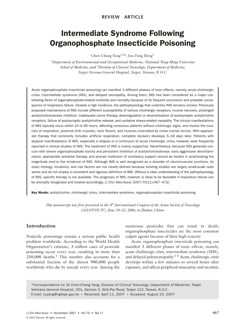 Intermediate Syndrome Following Organophosphate Insecticide Poisoning
