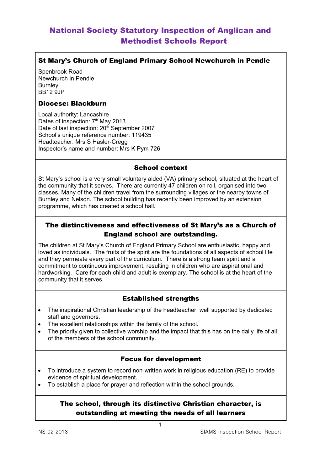 National Society Statutory Inspection of Anglican and Methodist Schools Report