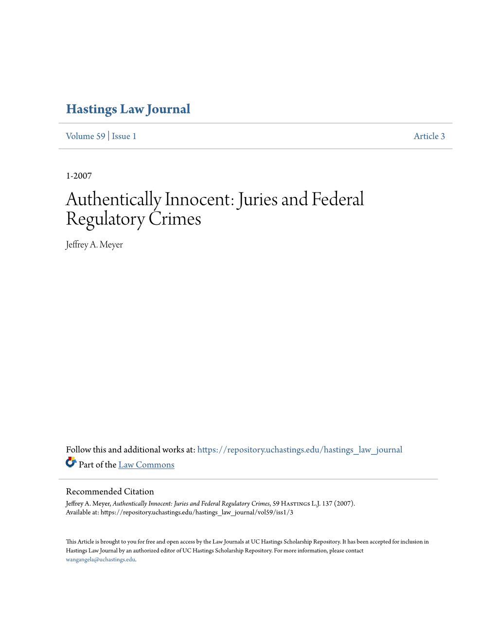 Authentically Innocent: Juries and Federal Regulatory Crimes Jeffrey A