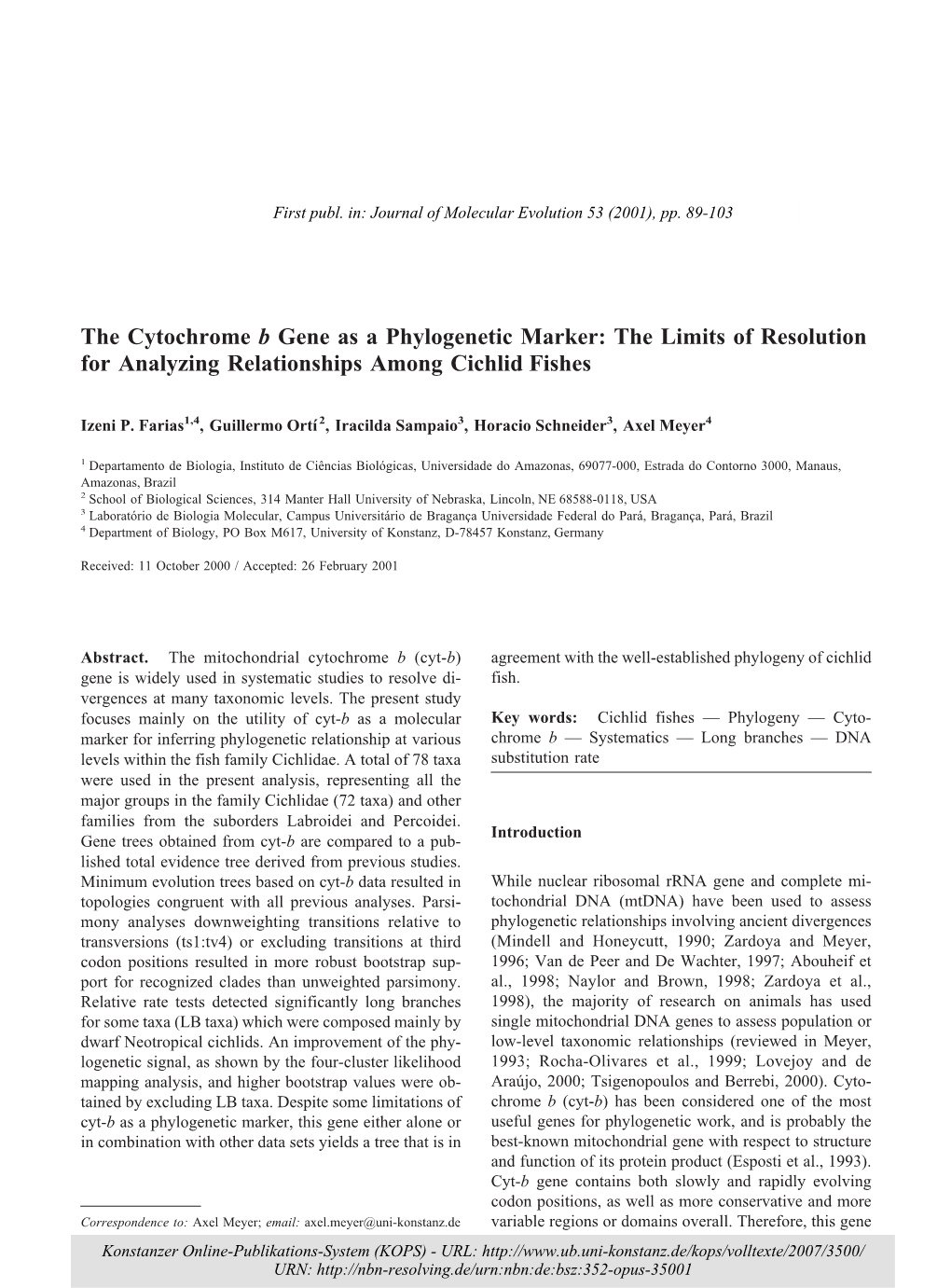 The Cytochrome B Gene As a Phylogenetic Marker : the Limits Of