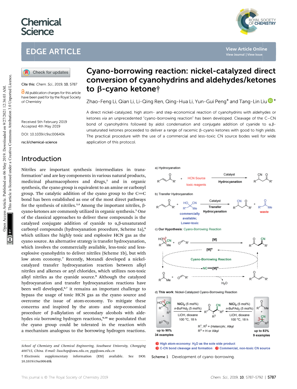 Nickel-Catalyzed Direct Conversion of Cyanohydrins and Aldehydes/Ketones to Β-Cyano Ketone